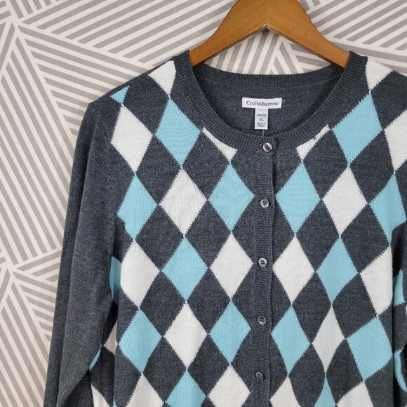 New Croft Barrow Cardigan Sweater size Large Petite Argyle Blue Gray Button Up - Picture 3 of 7
